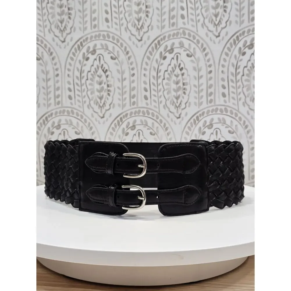 Goth Retro Women's size Small Wide Black Woven Waist Belt Double Buckle Stretch